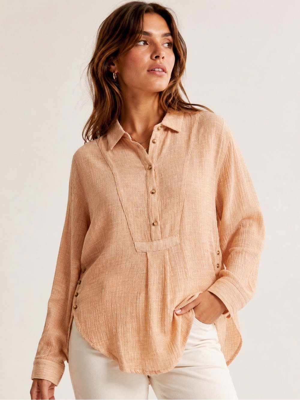 Anthropologie Peach Striped Long Sleeve Cotton Gauze Popover Tunic Sz S